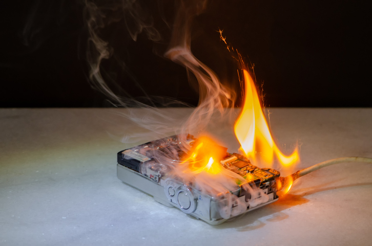 disassembled digital camera burning with strong flame on board as fire danger