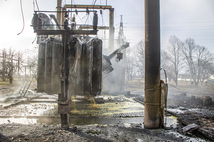 damaged electrical transformer at power substation after military attack