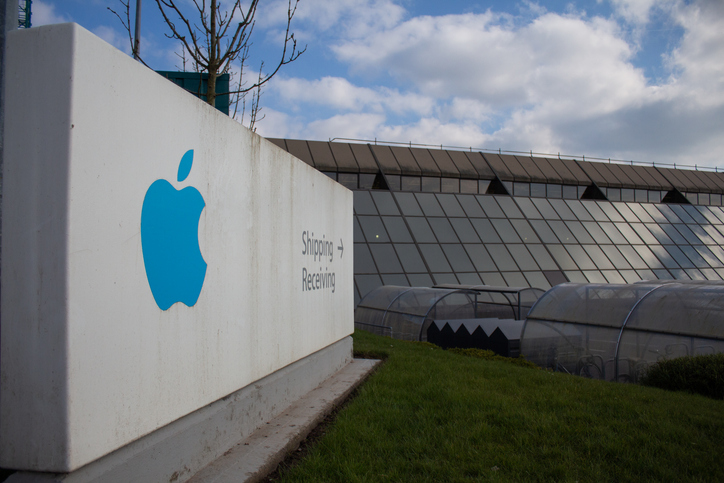 close up of the apple logo at the entrance of the european headquarters in cork city, ireland