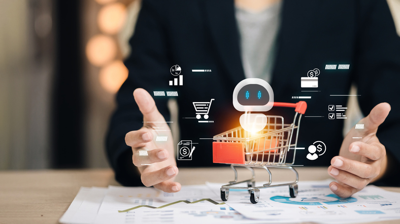 artificial intelligence chatbot with shopping cart concept for e commerce and online business